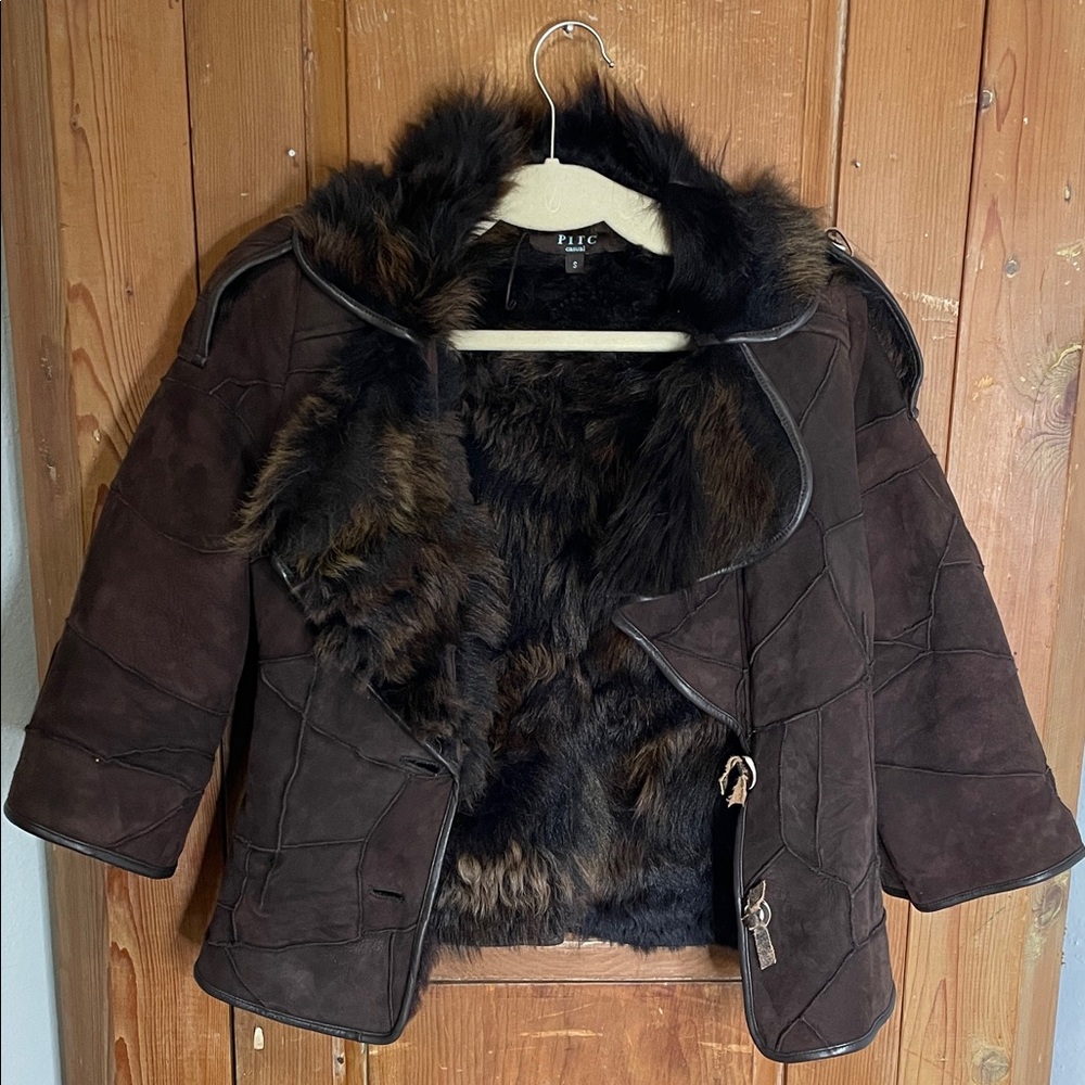 Pitc Brown Patchwork Suede Sheep Fur Leather Coat - image 1